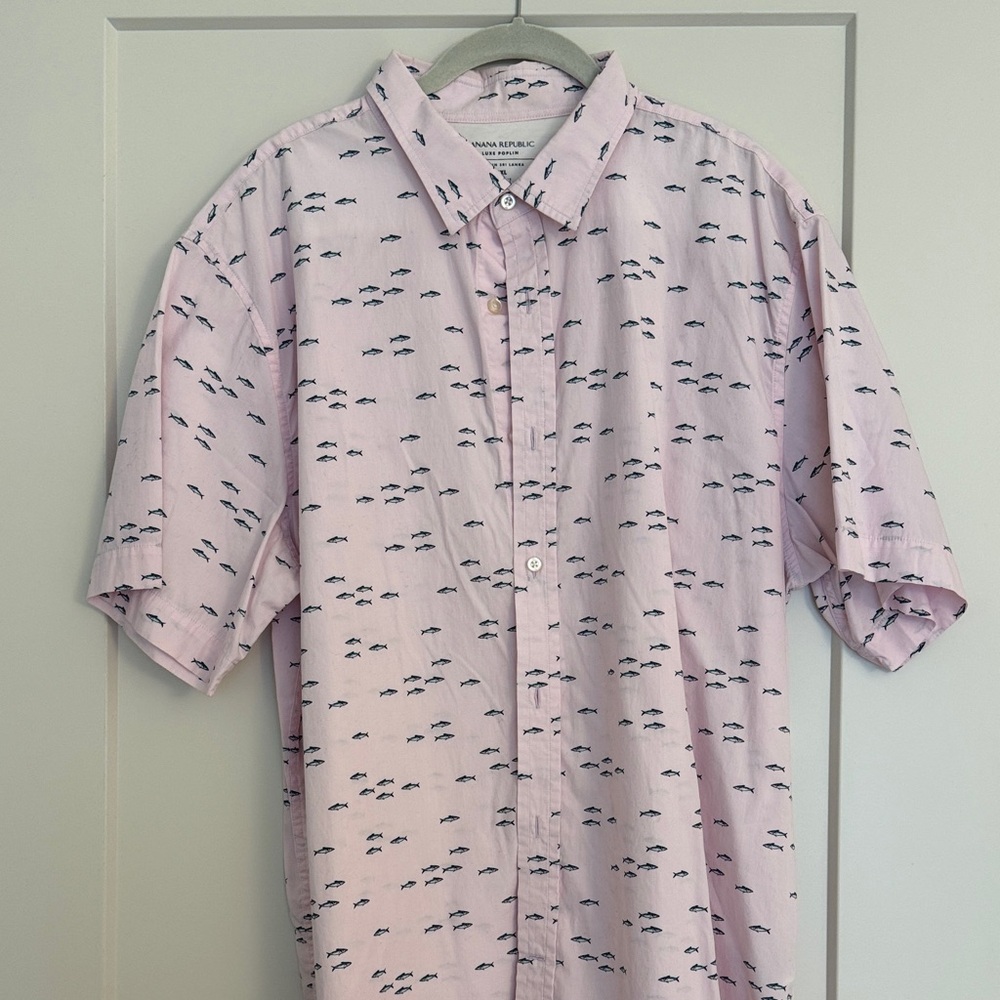 Banana Republic Light Pink Short-Sleeve Button-Down with Navy Fish Print